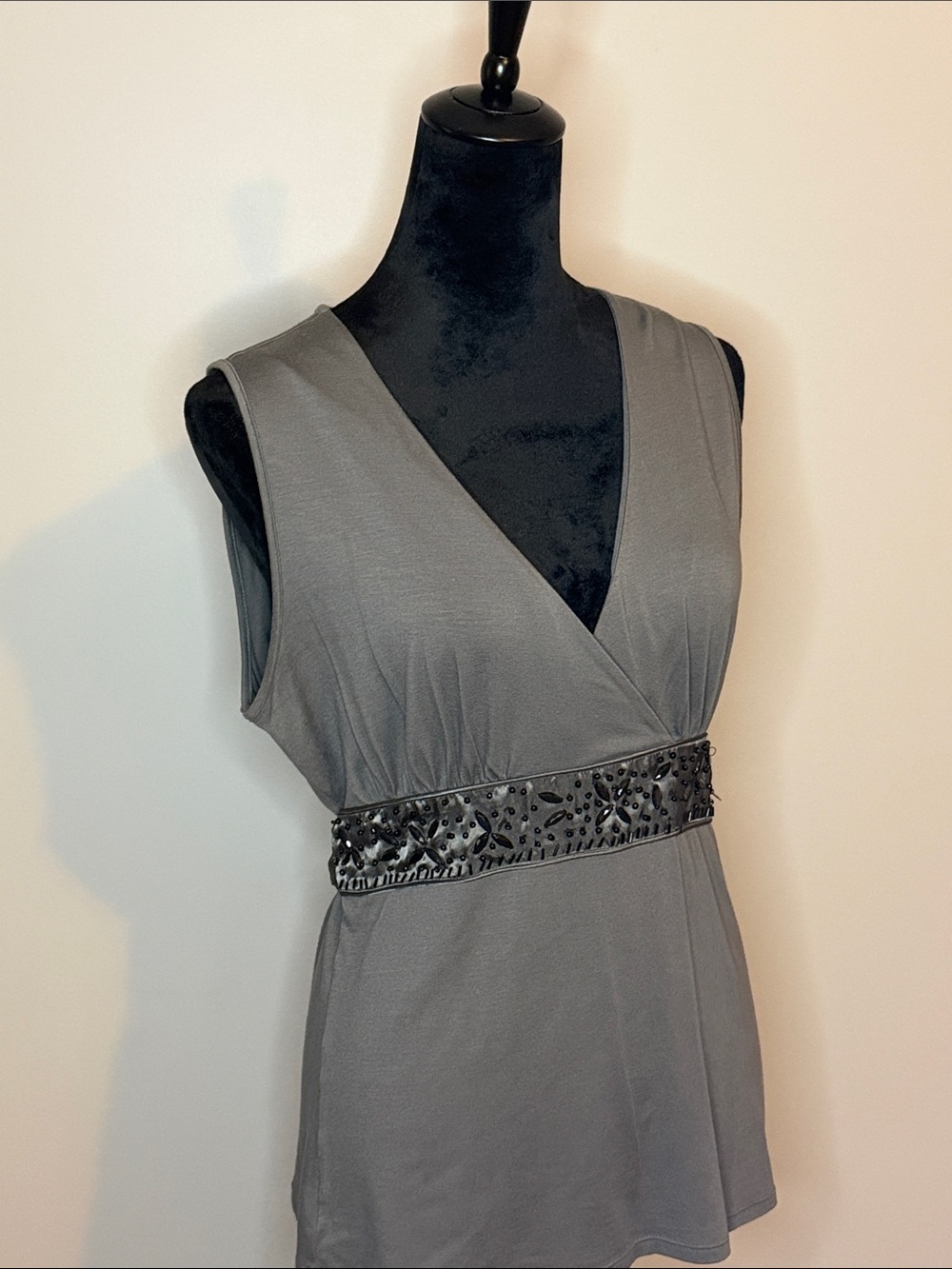 Gray Sleeveless V-Neck Too with Embellished Beaded Waist